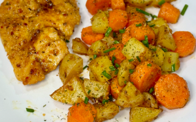 Peach BBQ Chicken with Roasted Potatoes & Carrots